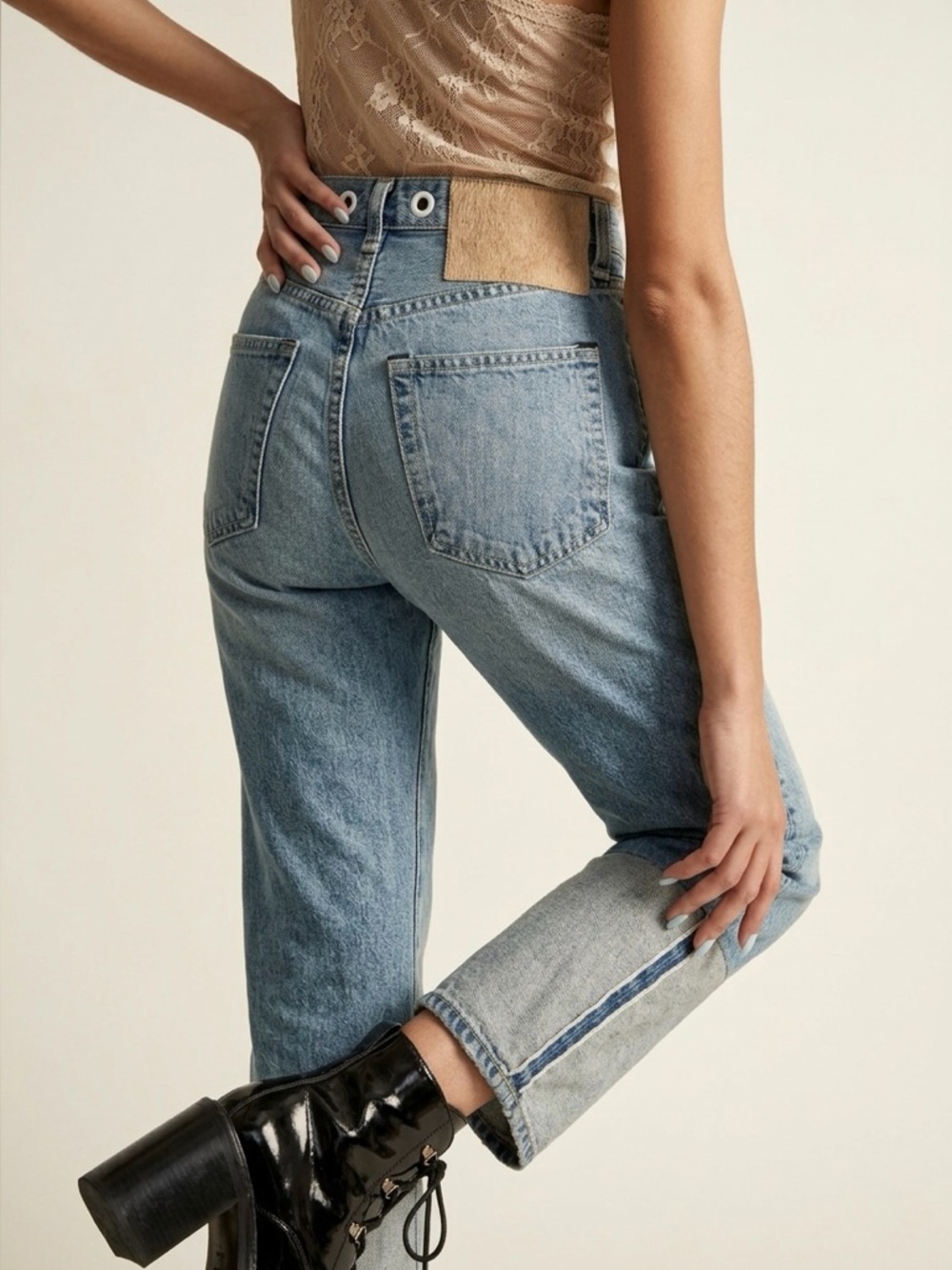 RAG & BONE RBW16 Trompe L’oeil Selvedge Cuff Grommet Jeans with Pony Patch